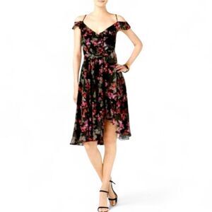 Betsey Johnson Floral Butterfly Cold Shoulder Faux Wrap Dress Hi-low Ruffle Hem